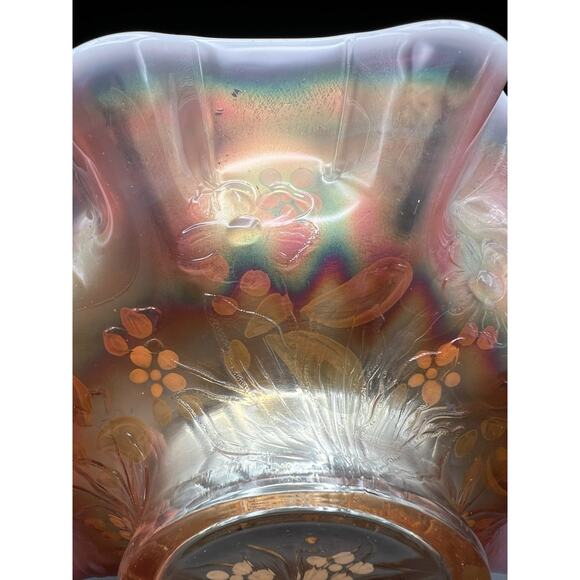Antique Dugan Enameled Single Flower Opalescent Peach Carnival Glass Bowl 9” - Picture 8 of 11